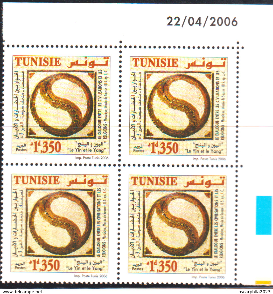 2006-Tunisie / Y&T 1568-Dialogue Civilisations/Réligions,Mosaïque Musée Sousse -IIIS.ap.J.C-bloc 4 Coin Daté / MNH****** - Monumenti