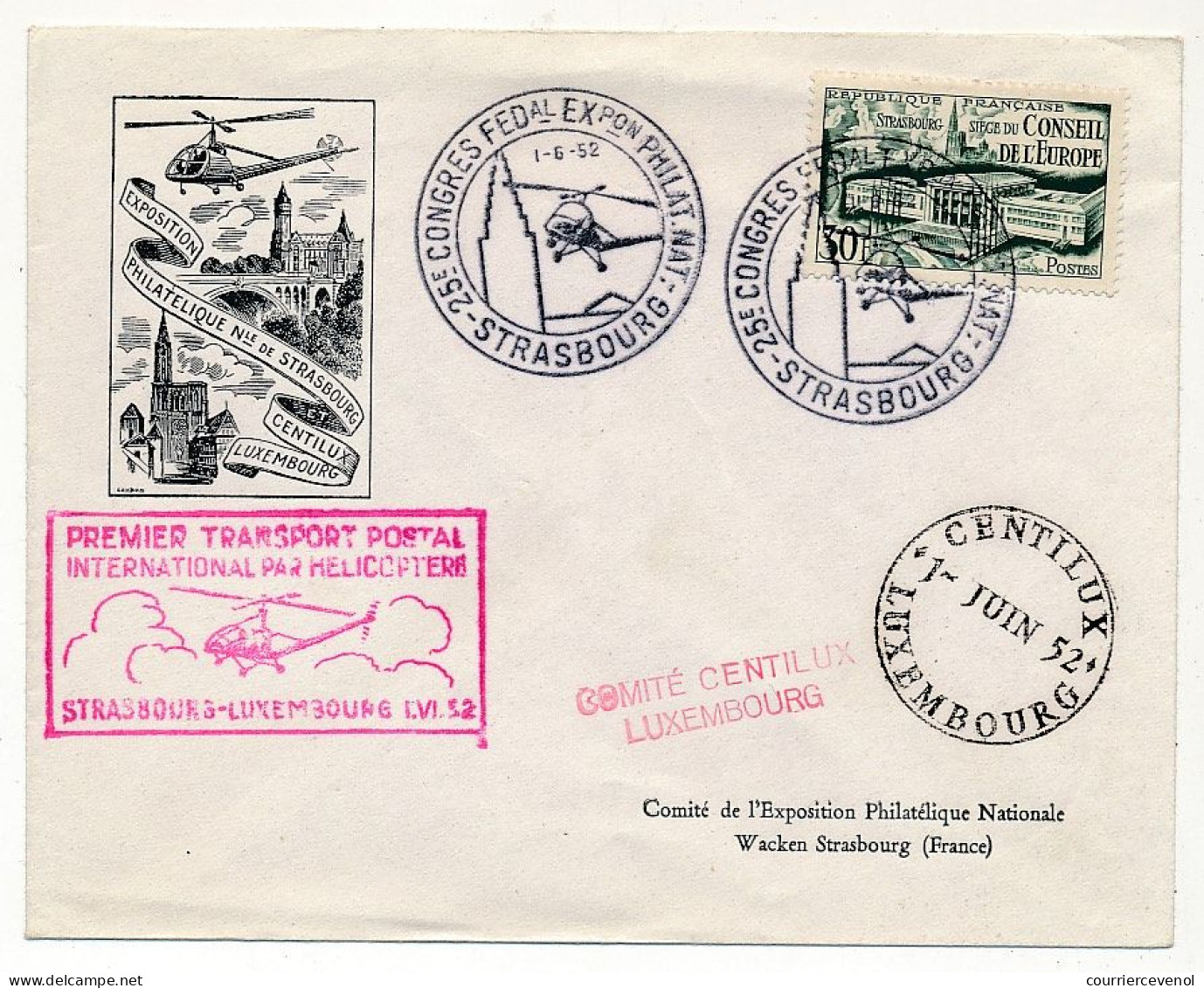 Env Affr. 30F Conseil Europe Obl 25e Congrès Fédéral STRASBOURG + 1er Transport Postal Hélicoptère > Luxembourg 1/6/1952 - First Flight Covers