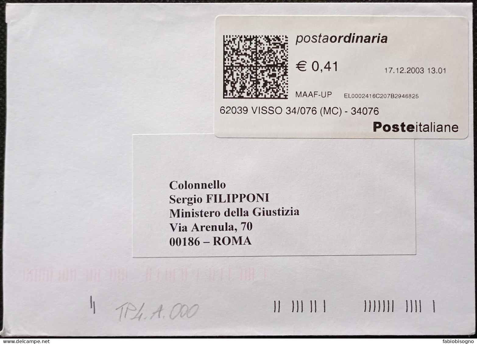 Visso 17.12.2003 - TPlabel Postaordinaria € 0,41 (catalogo TP4.A.000) - 2001-10: Storia Postale