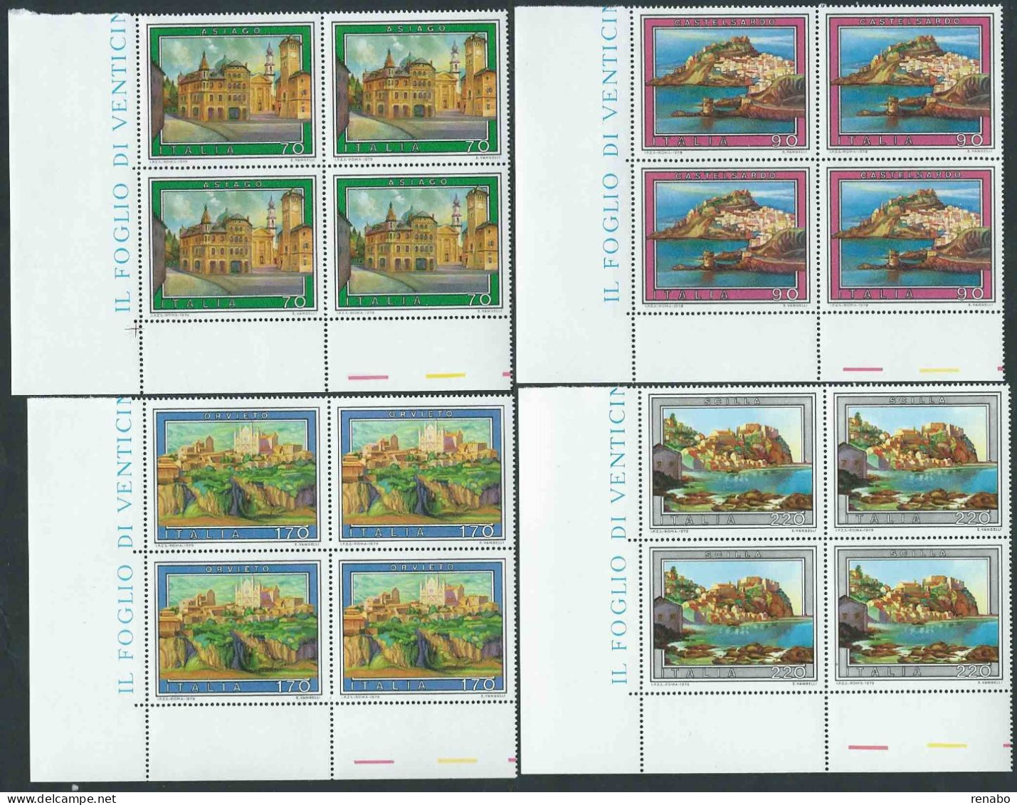 Italia 1979; Turistica: Asiago, Castelsardo, Orvieto, Scilla. Serie Completa In Quartine D' Angolo. - 1971-80:  Nuovi