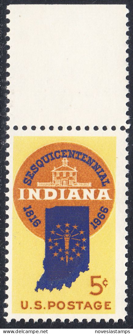 !a! USA Sc# 1308 MNH SINGLE W/ Top Margin (a2) - Indiana Statehood - Nuovi