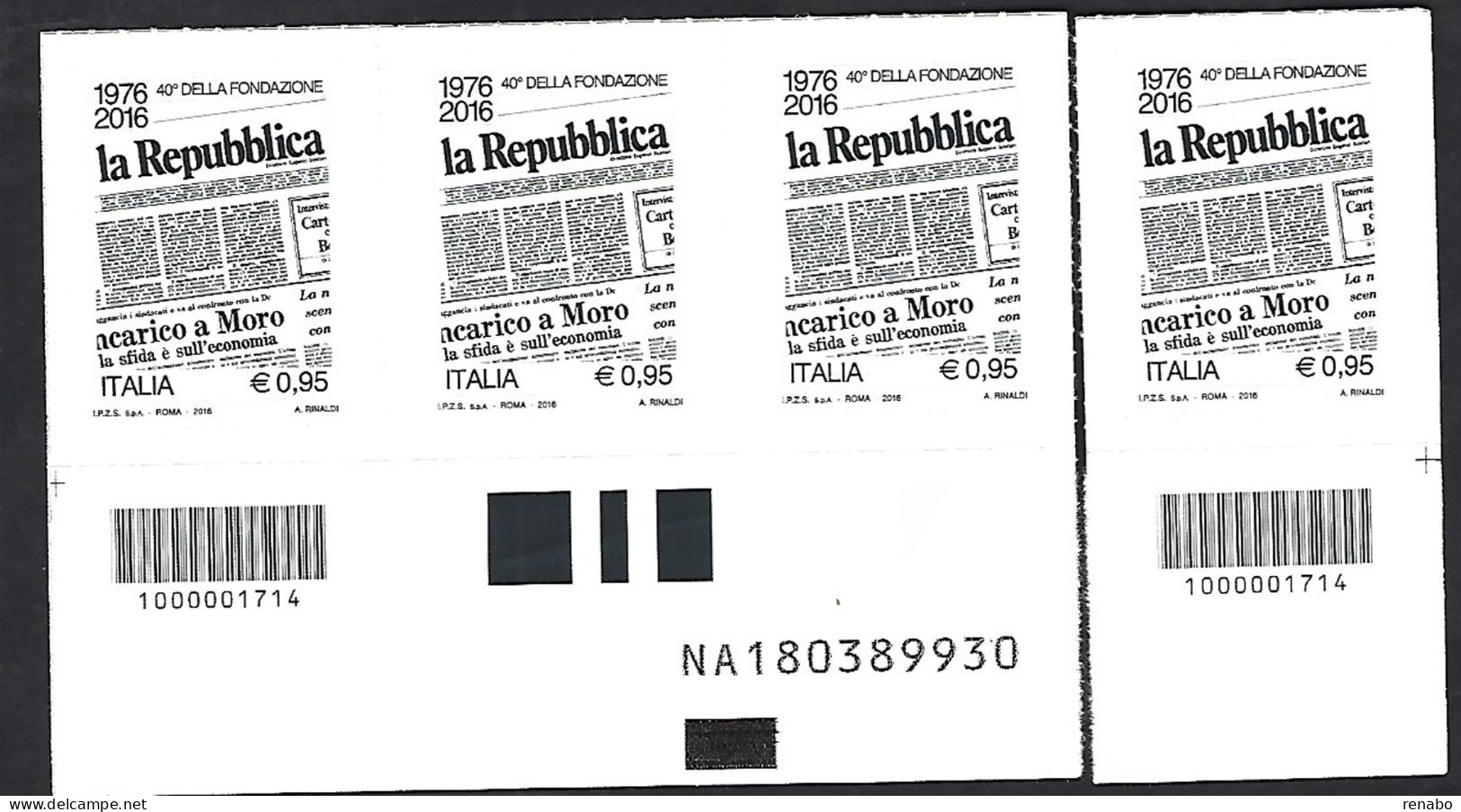 Italia 2016; 40° Fondazione Quotidiano "la Repubblica": 2 Barre Opposte + Coppia Con Alfanumerico. - Code-barres