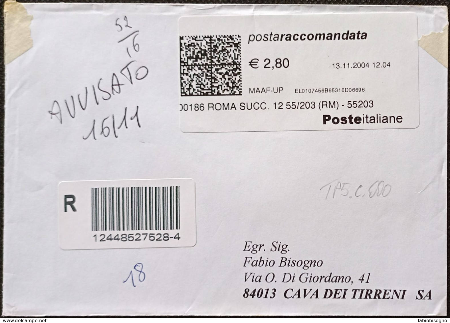 Roma 13.11.2004 - TPlabel Postaraccomandata € 2,80 (catalogo TP5.C.000) - 2001-10: Storia Postale