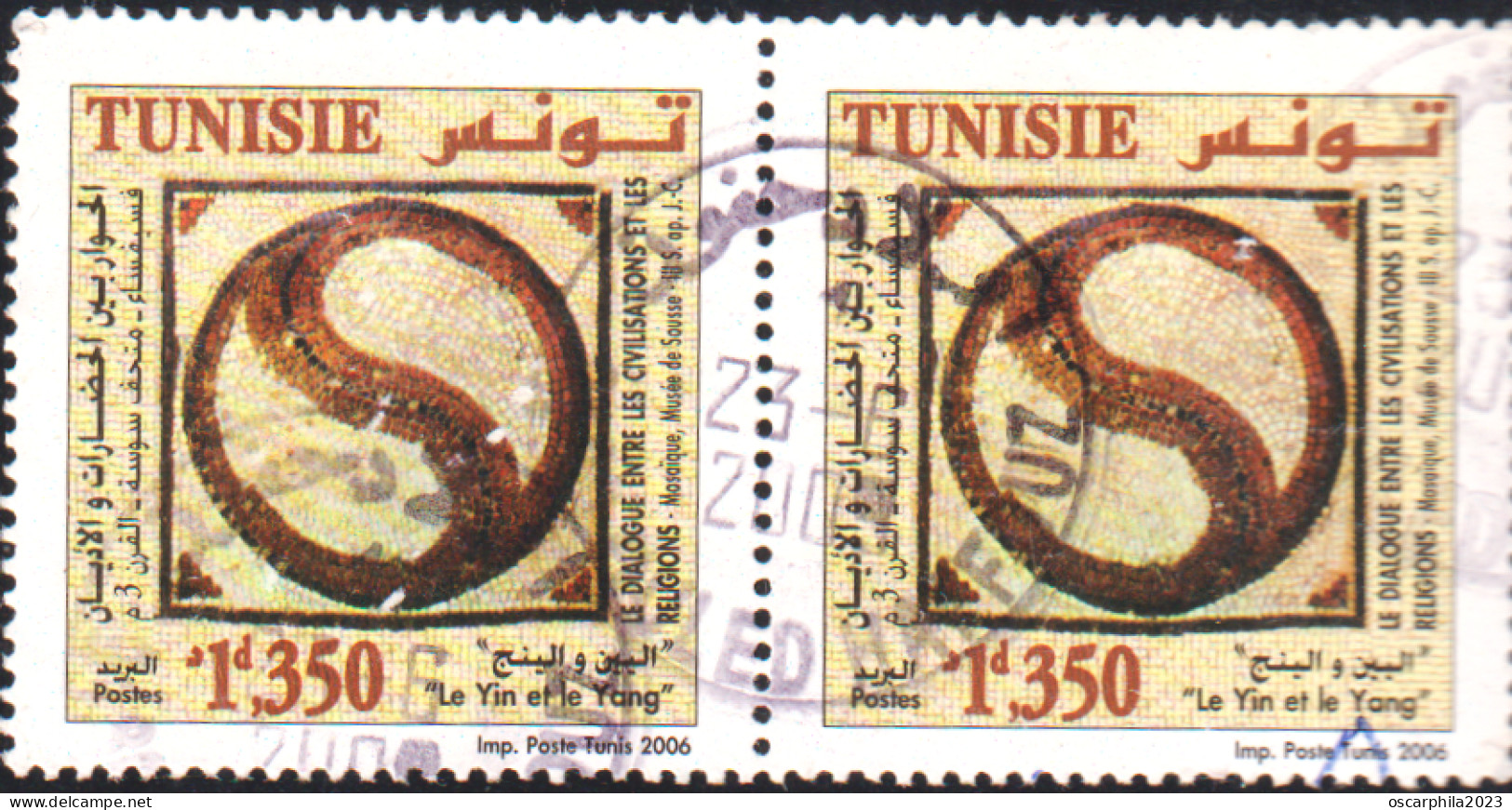 2006-Tunisie / Y&T 1568- Dialogue Entre Civilisations & Réligions, Mosaïque, Musée Sousse -III-S. Ap.JC. En Paire OBLI - Museen