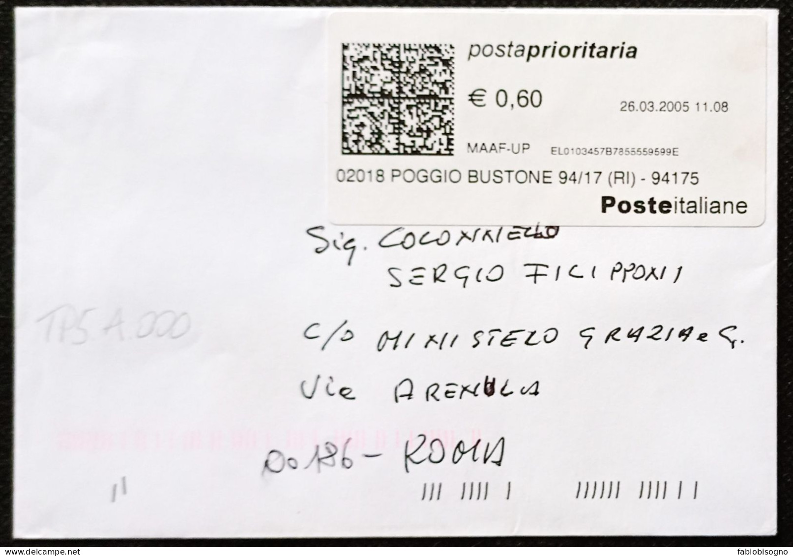 Poggio Bustone 26.3.2005 - TPlabel Postaprioritaria € 0,60 (catalogo TP5.B.000) - 2001-10: Storia Postale