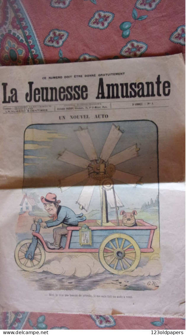 1899 N°1 LA JEUNESSE AMUSANTE UN NOUVEL AUTO AUTO VENT PAS BESOIN DE PETROLE  G RI ILLUSTRATEUR VICTOR MOUSSELET - 1801-1900