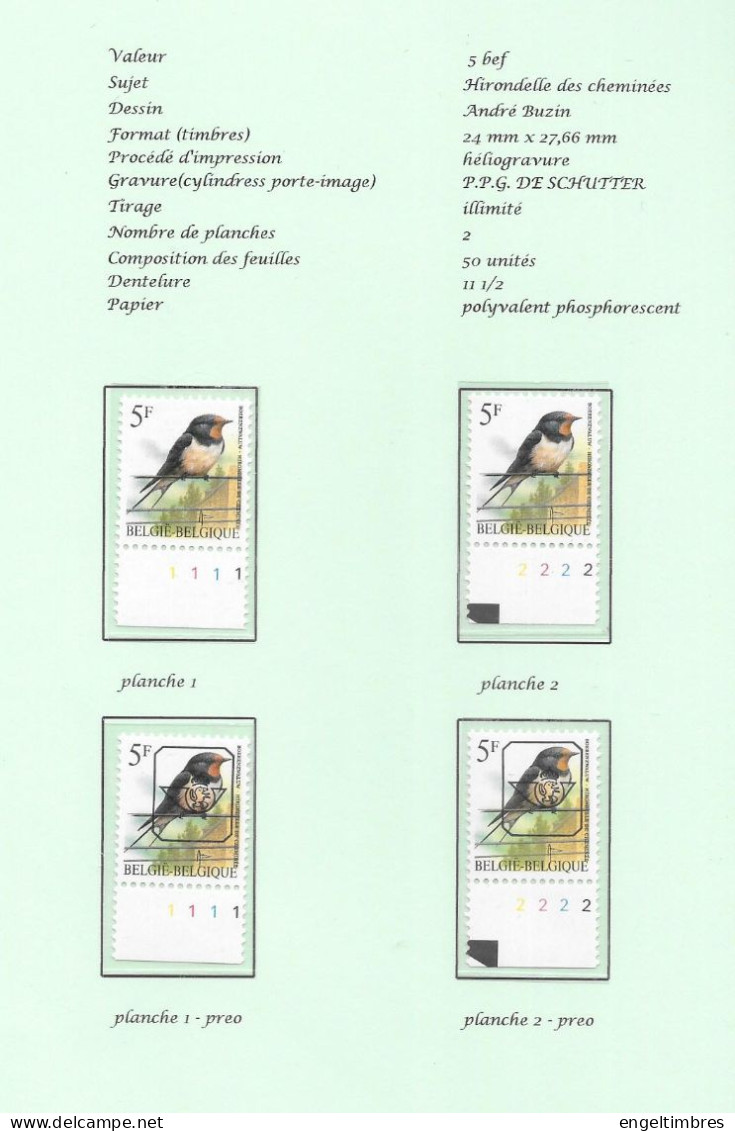 Belgium1992 BUZIN Bird - Hirondells Des Chieminées/boerenzwajuw 5 Bfrs Plaatnrs 1 - 2 Mint Plain Stamps +  Preos (scans) - 2011-..