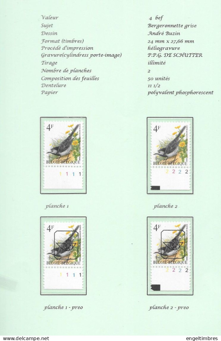 Belgium1992 BUZIN Bird -  Bereronnette Gris/witte Kwilstaart 4 Bfrs Plaatnrs 1 - 2 Mint Plain Stamps +  Preos (scans) - 2011-..