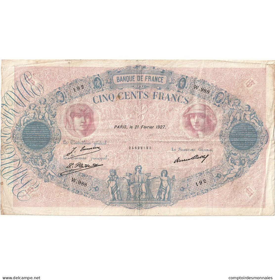 France, 500 Francs, Bleu Et Rose, 1927, W.988, TB+, Fayette:30.30, KM:66k - 500 F 1888-1940 ''Bleu Et Rose''