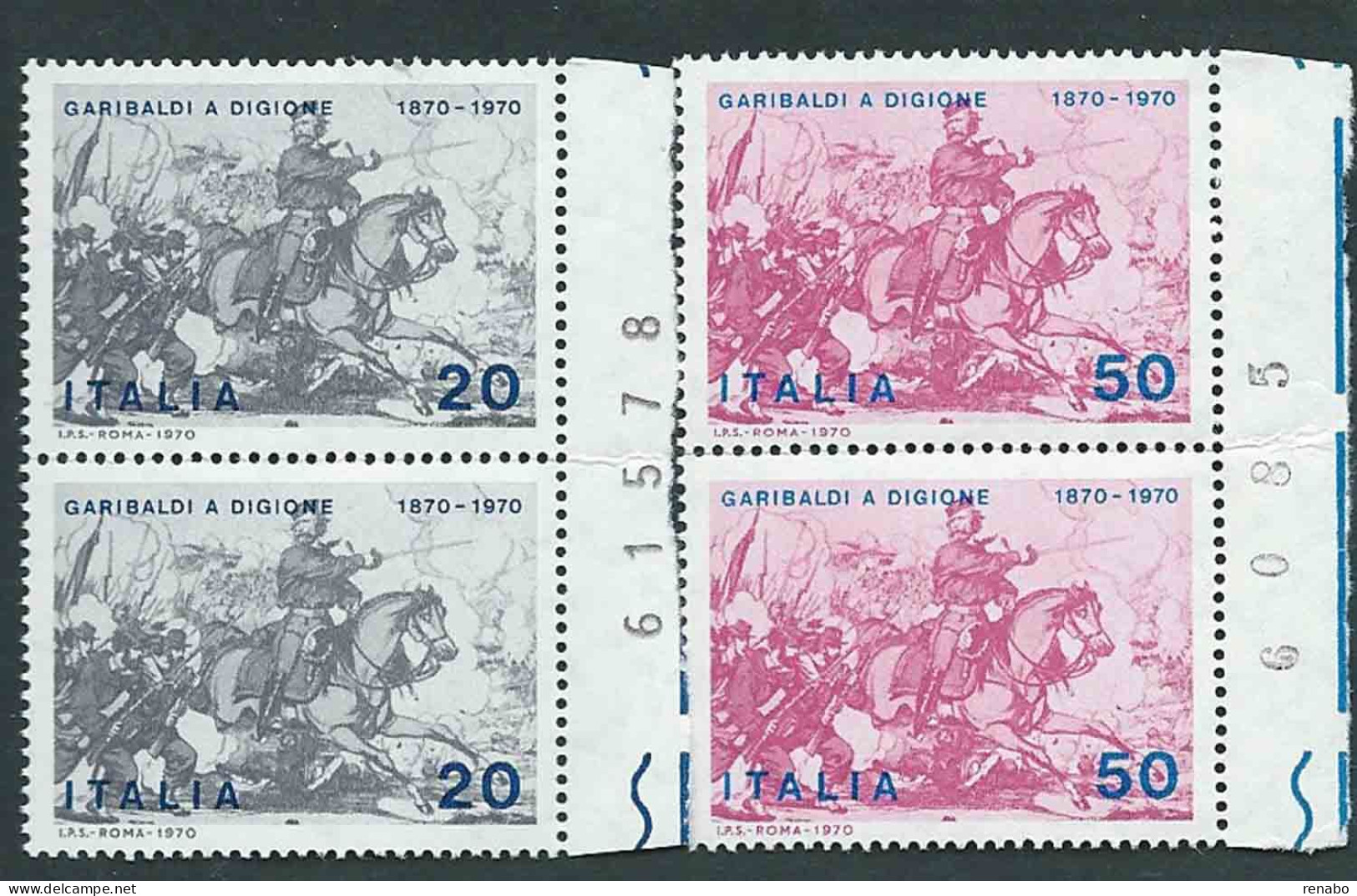 Italia 1970; Garibaldi A Digione In Guerra Franco-prussiana. Serie Completa In Coppie Con Il Numero Del Foglio. - 1961-70: Mint/hinged