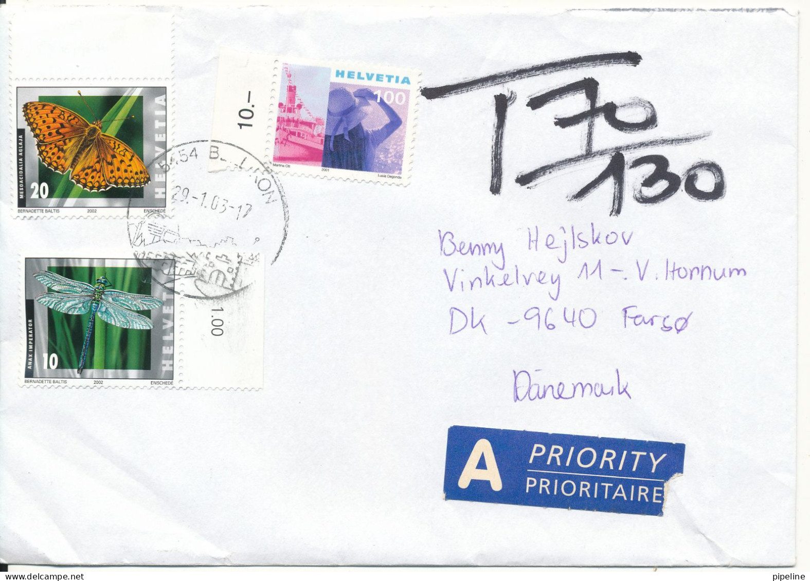 Switzerland Underpaid Cover With Postal Due T Sent Air Mail To Denmark 29-1-2003 - Briefe U. Dokumente