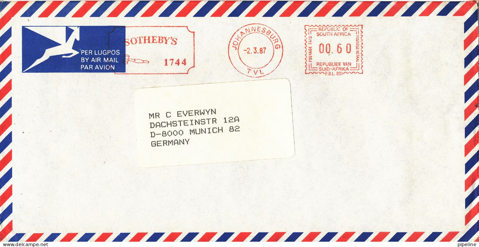 South Africa Air Mail Cover With Meter Cancel Johannesburg 2-3-1987 (Sotheby's Auctions) Sent To Germany - Posta Aerea