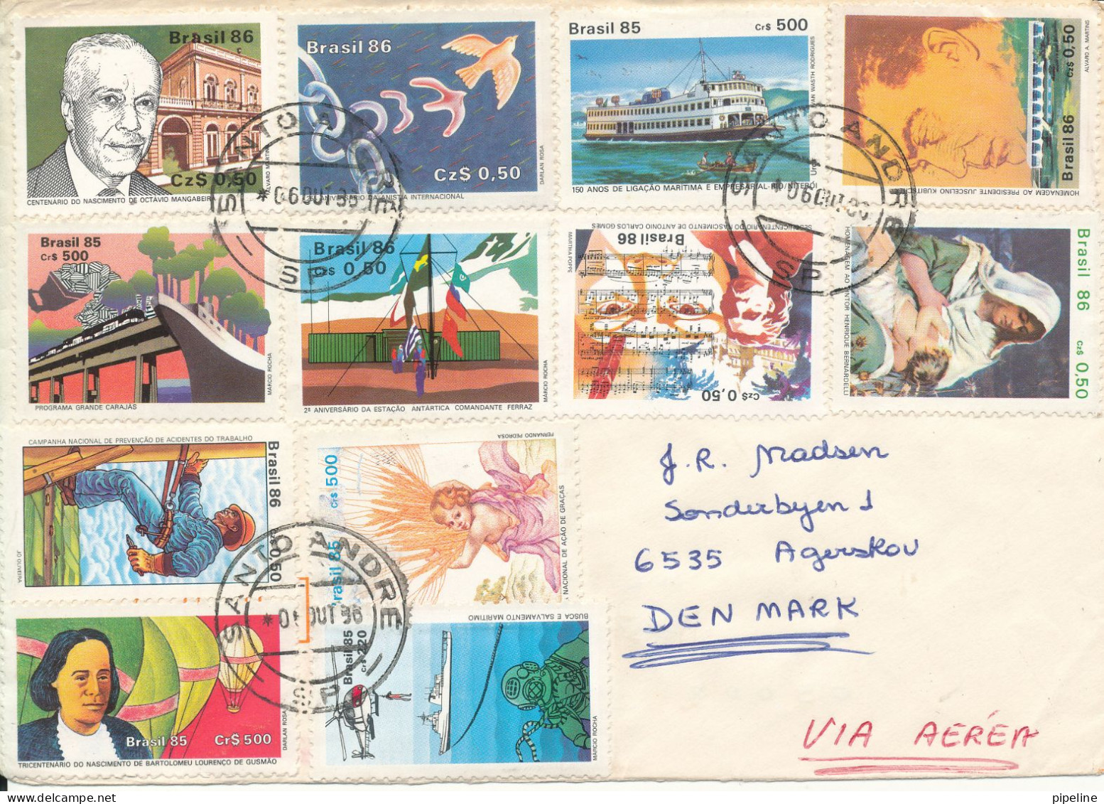 Brazil Cover Sent Air Mail To Denmark 6-10-1986 With A Lot Of Topic Stamps - Storia Postale