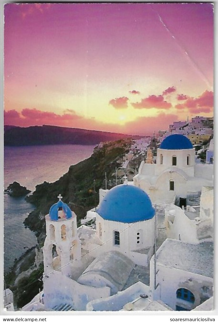 Greece 1990s Postcard Photo Santorini Sent To Criciúma Brazil Stamp Ruins Of The Tholos Of Delphi And Livadeia City - Lettres & Documents