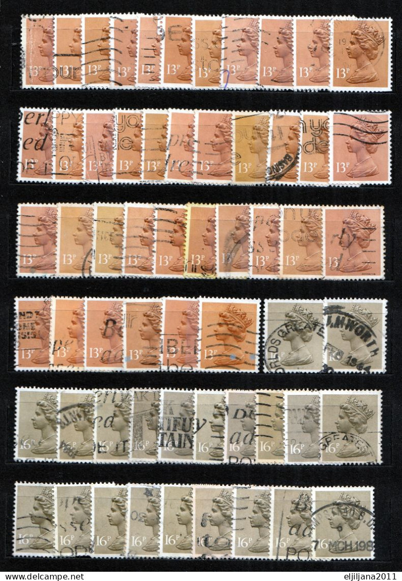 ⁕ GB / UK / QEII. ⁕ Queen Elizabeth II. Machin, definitives ⁕ 1970 stamps in two albums - see scan 37 pages (7v perfin)