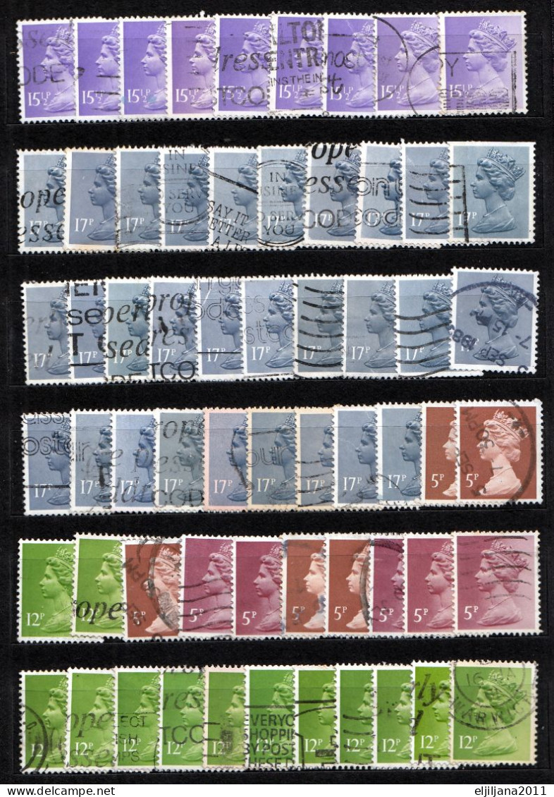 ⁕ GB / UK / QEII. ⁕ Queen Elizabeth II. Machin, definitives ⁕ 1970 stamps in two albums - see scan 37 pages (7v perfin)