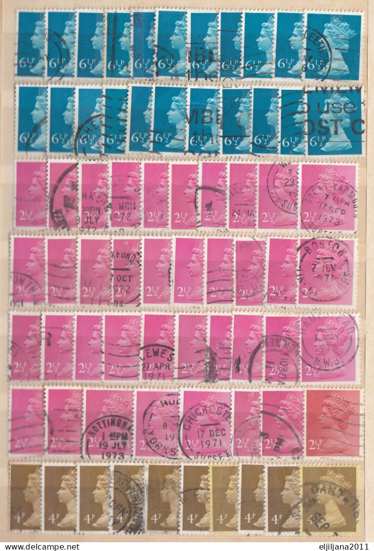 ⁕ GB / UK / QEII. ⁕ Queen Elizabeth II. Machin, definitives ⁕ 1970 stamps in two albums - see scan 37 pages (7v perfin)