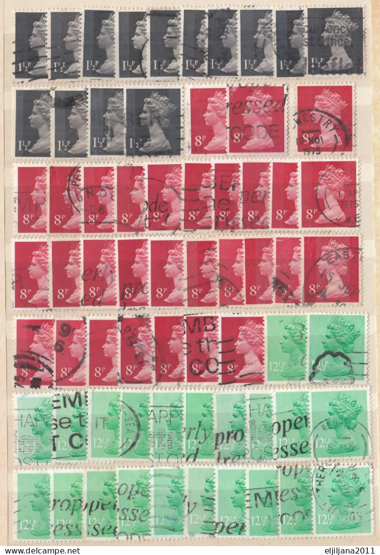 ⁕ GB / UK / QEII. ⁕ Queen Elizabeth II. Machin, definitives ⁕ 1970 stamps in two albums - see scan 37 pages (7v perfin)