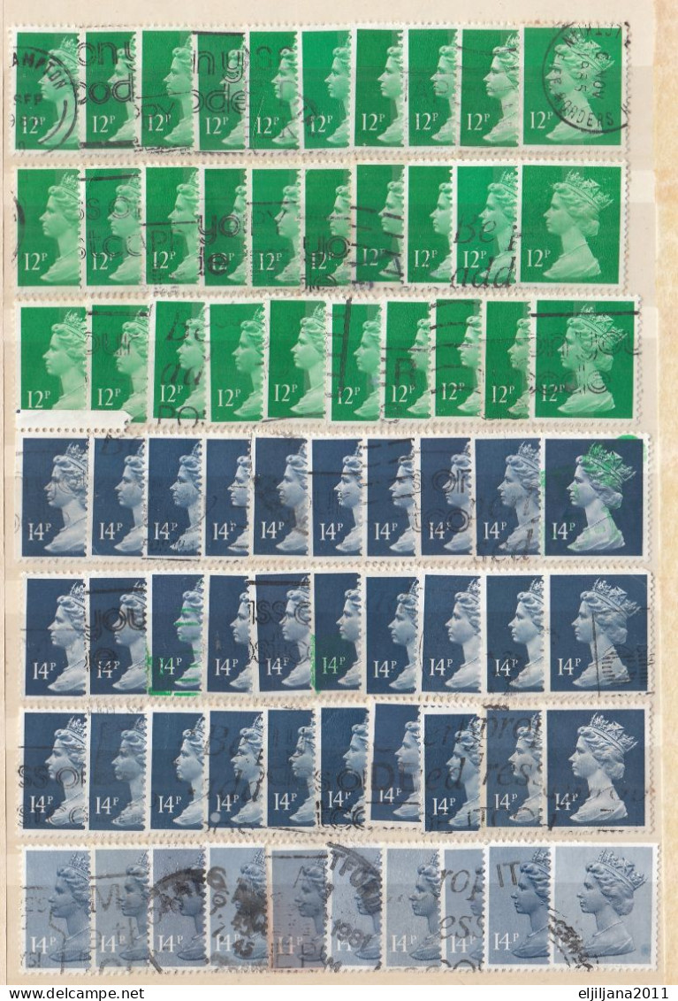 ⁕ GB / UK / QEII. ⁕ Queen Elizabeth II. Machin, definitives ⁕ 1970 stamps in two albums - see scan 37 pages (7v perfin)