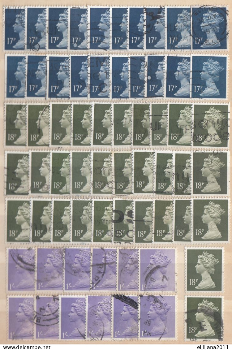 ⁕ GB / UK / QEII. ⁕ Queen Elizabeth II. Machin, definitives ⁕ 1970 stamps in two albums - see scan 37 pages (7v perfin)