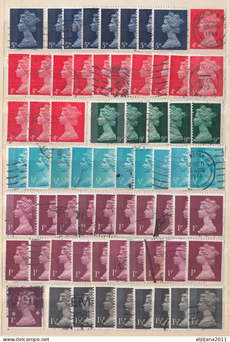 ⁕ GB / UK / QEII. ⁕ Queen Elizabeth II. Machin, definitives ⁕ 1970 stamps in two albums - see scan 37 pages (7v perfin)