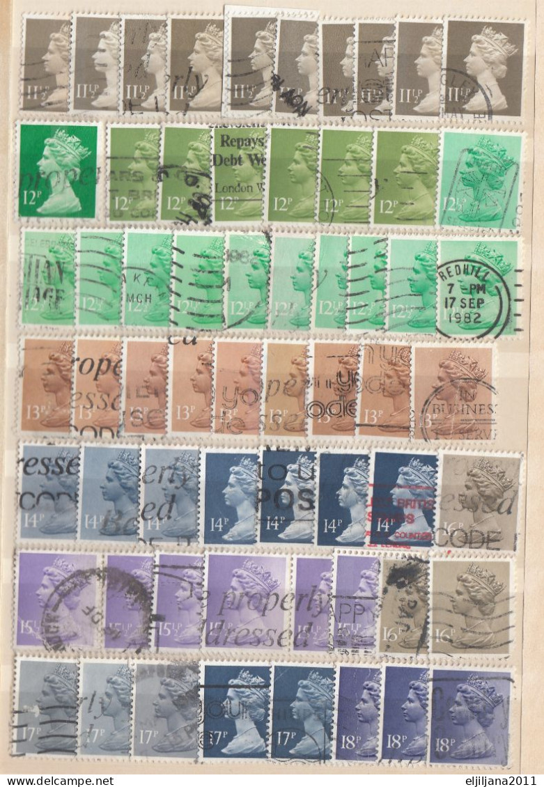 ⁕ GB / UK / QEII. ⁕ Queen Elizabeth II. Machin, definitives ⁕ 1970 stamps in two albums - see scan 37 pages (7v perfin)