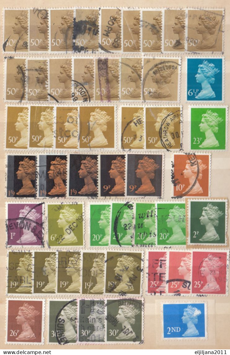 ⁕ GB / UK / QEII. ⁕ Queen Elizabeth II. Machin, definitives ⁕ 1970 stamps in two albums - see scan 37 pages (7v perfin)