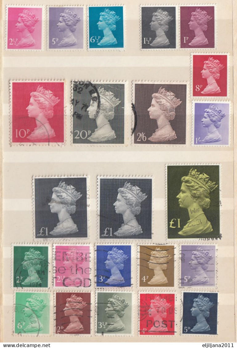 ⁕ GB / UK / QEII. ⁕ Queen Elizabeth II. Machin, definitives ⁕ 1970 stamps in two albums - see scan 37 pages (7v perfin)