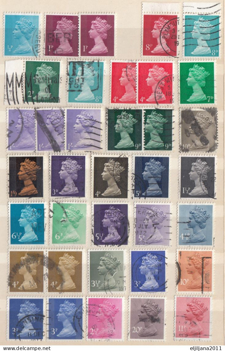 ⁕ GB / UK / QEII. ⁕ Queen Elizabeth II. Machin, definitives ⁕ 1970 stamps in two albums - see scan 37 pages (7v perfin)
