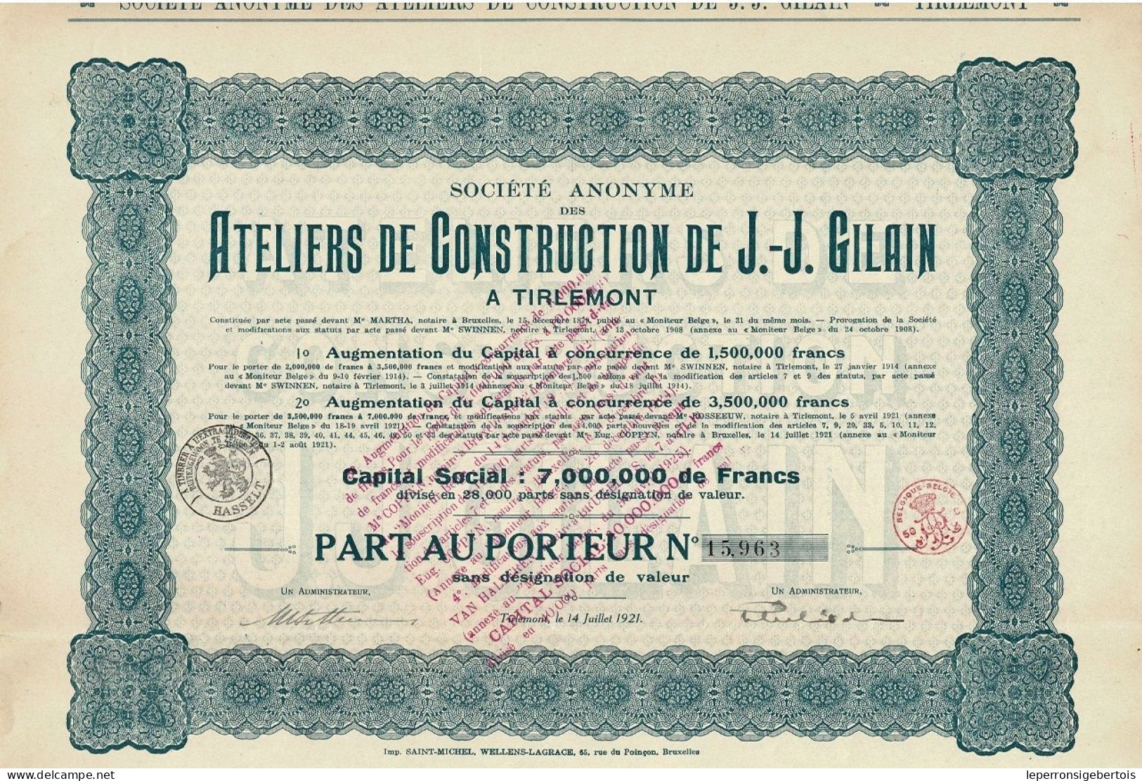 - Titre De 1921 - Société Anonyme Des Ateliers De Construction De J.-J. Gilain à Tirlemont - - Industrie