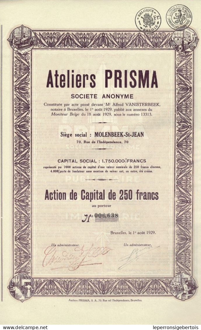 - Titre De 1929 - Ateliers Prisma- - Industrie