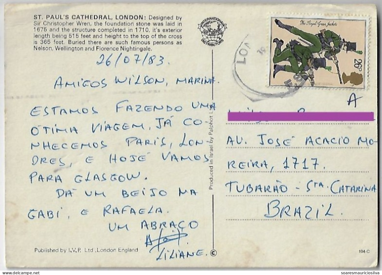 Great Britain 1983s Postcard Photo London Sent To Tubarão Brazil Stamp The Royal Green Jackets Uniform Army Riflemen - Storia Postale