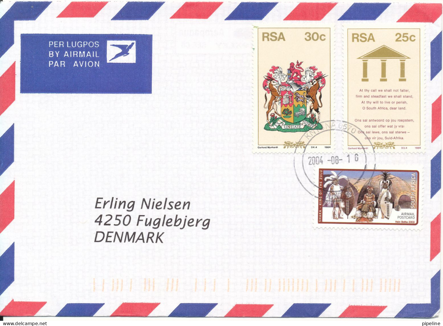 South Africa Air Mail Cover Sent To Denmark 16-8-2004 Topic Stamps - Storia Postale