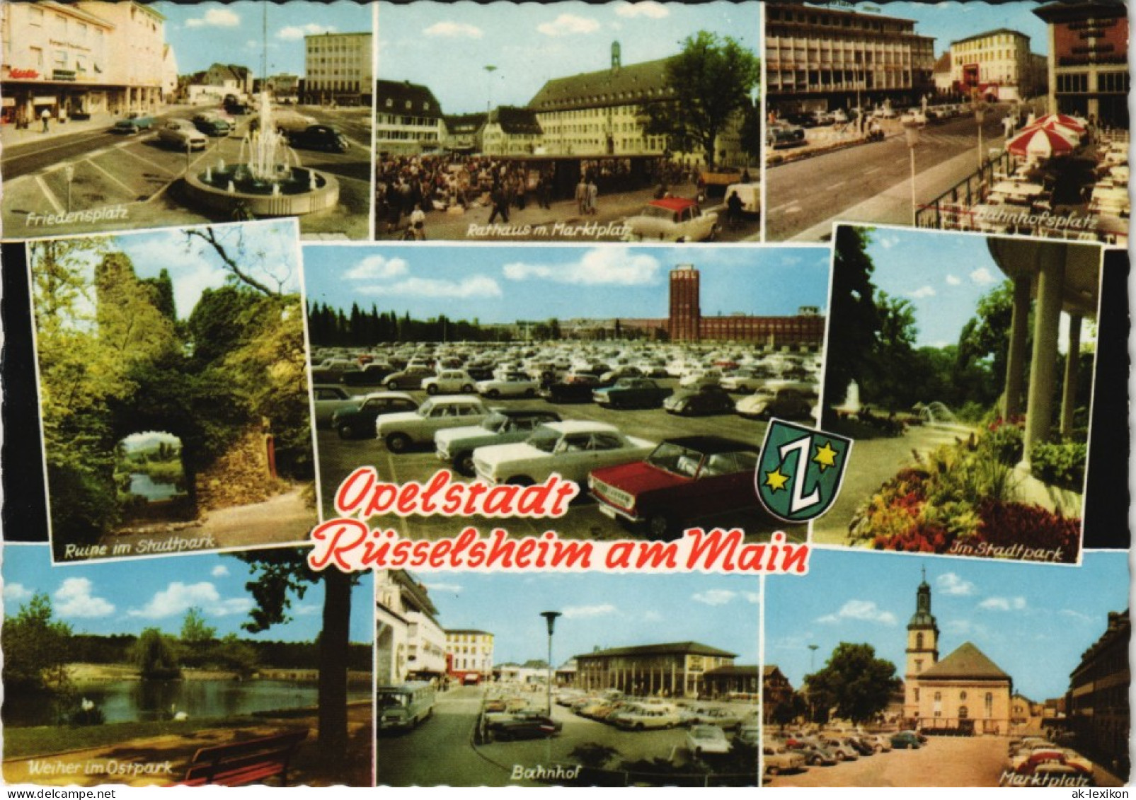 Ansichtskarte Rüsselsheim : Bahnhof, Stadt, Freidensplatz 1964 - Rüsselsheim