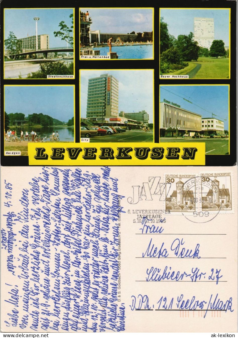 Ansichtskarte Leverkusen Stadthochhaus, BAYER AG, City, Schwimmbad 1986 - Leverkusen