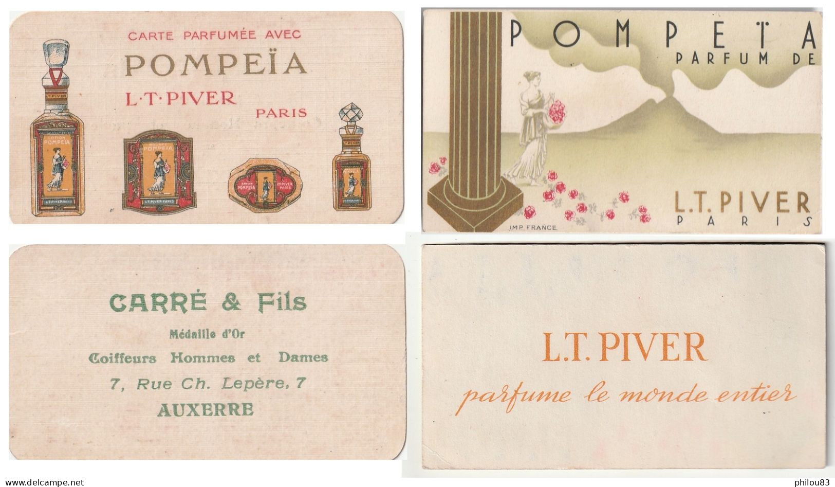 Lot 2 Cartes Parfumée Publicitaire LT PIVER Paris Parfum Pompeïa ( Pompéï ) - Profumeria Antica (fino Al 1960)