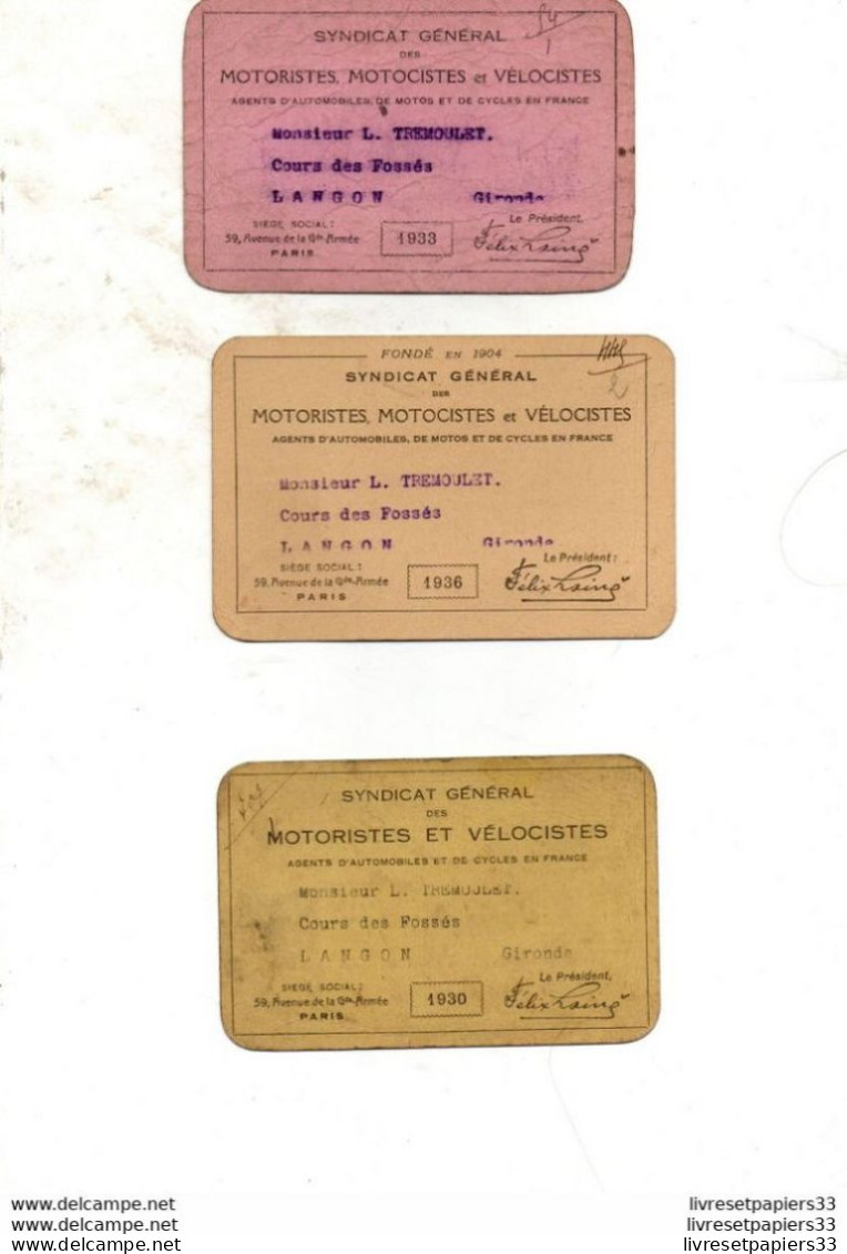 CARTE DU SYNDICAT GENERAL DES MOTORISTES, MOTOCISTES Et VELOCISTES         1930,33,36 - Moto