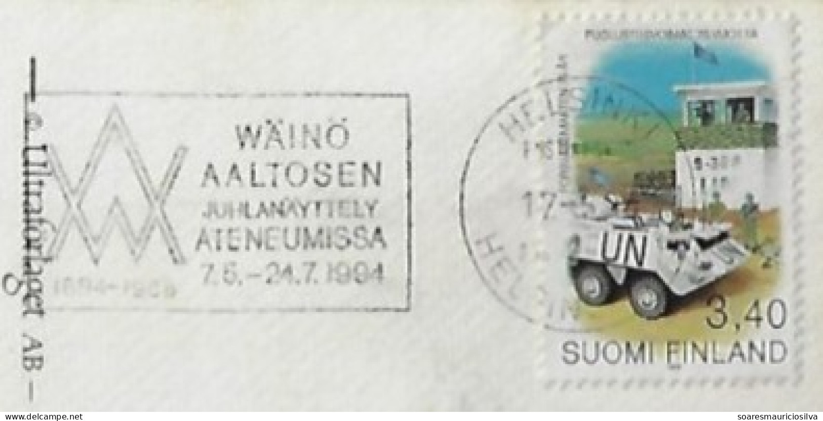 Finland 1994 Postcard Helsinki To Brazil Stamp Armoured Car Pasi In UNO Slogan Wäinö Aaltonen's Performance At Ateneum - Briefe U. Dokumente