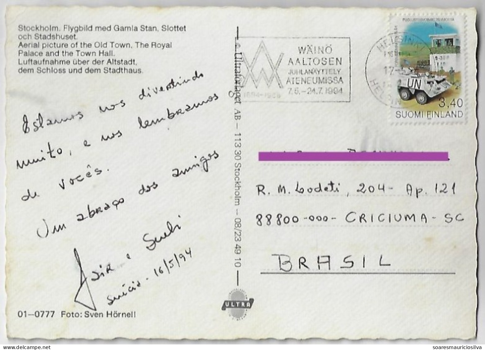 Finland 1994 Postcard Helsinki To Brazil Stamp Armoured Car Pasi In UNO Slogan Wäinö Aaltonen's Performance At Ateneum - Briefe U. Dokumente