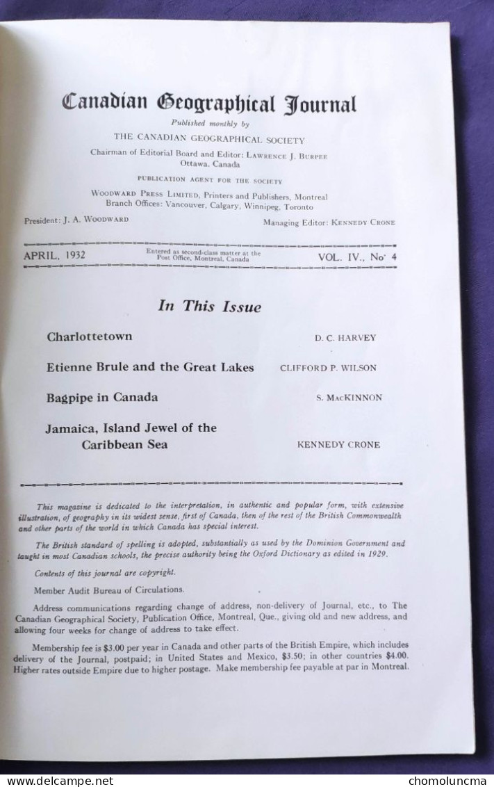 Canadian Geographical 1932 Charlottetown Etienne Brule Great Lakes Bagpipe Jamaica Add Mc Laughlin Buick Zeiss Chrysler - Geography