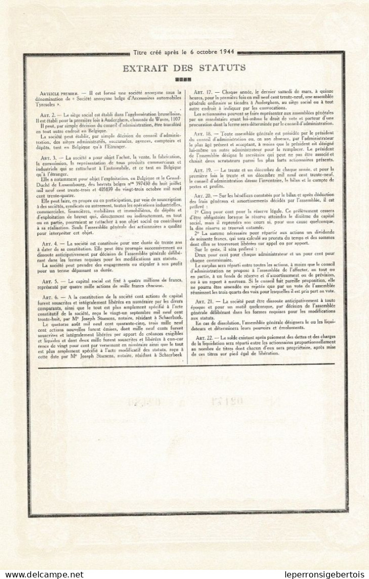 - Titre De 1945 - Société Anonyme Belge D'Accessoires D'Automobiles Tyresoles - - Automobile