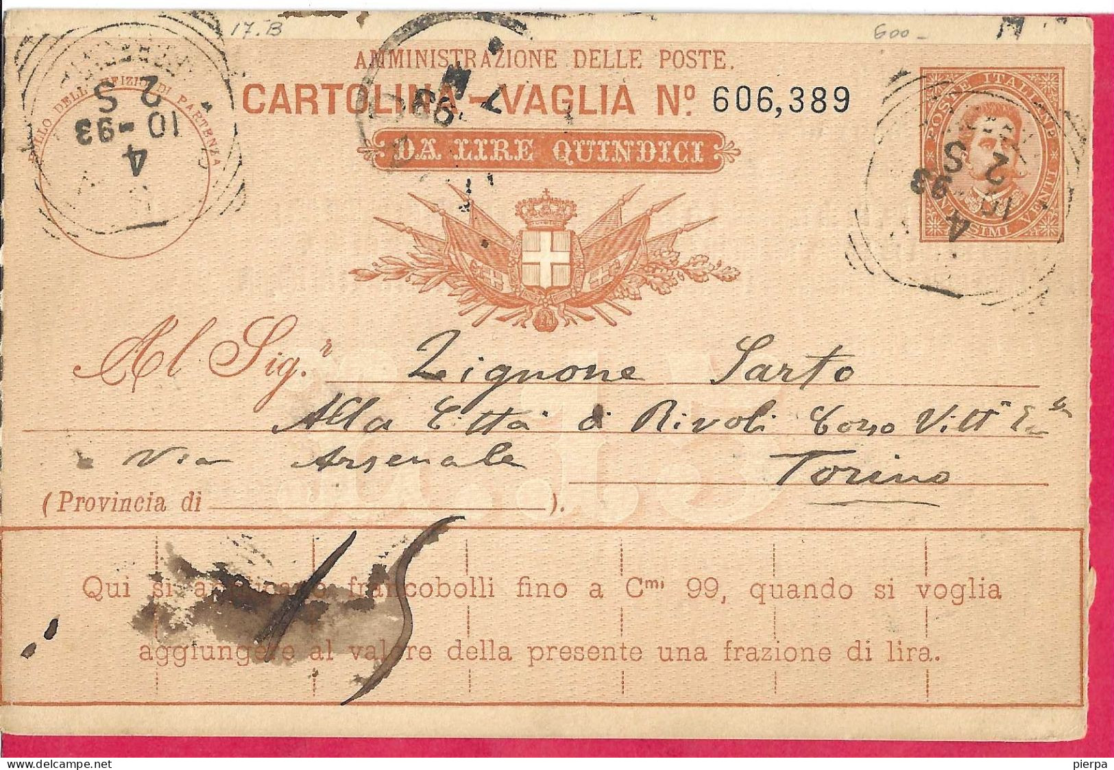 INTERO CARTOLINA-VAGLIA UMBERTO C.20 DA LIRE 15 (CAT. INT. 8Ba) -VIAGGIATA DA PISA*4.10.93* PER TORINO - Entiers Postaux