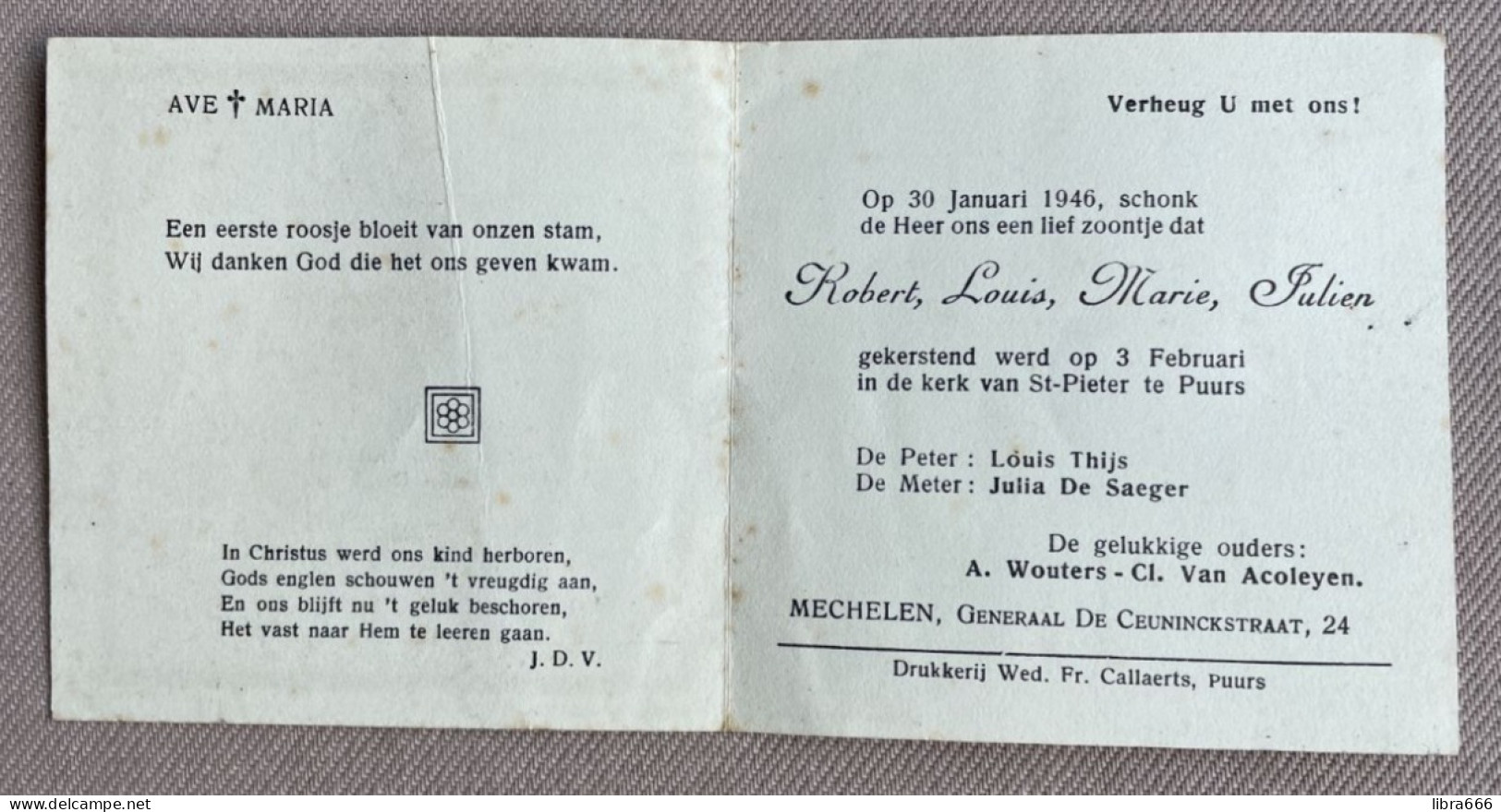 Robert Louis Marie Julien WOUTERS - °PUURS St-Pieter  1946 - VAN ACOLEYEN - THIJS - DE SAEGER / MECHELEN - Naissance & Baptême