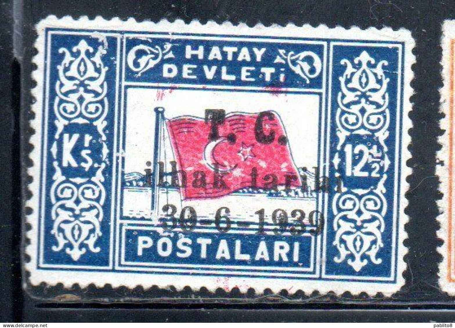 HATAY 1939 OVERPRINTED DATE 30 6 1939 ANNEXATION TO THE TURKEY TURKISH REPUBLIC 12 1/2ku MLH - 1934-39 Sandjak D'Alexandrette & Hatay