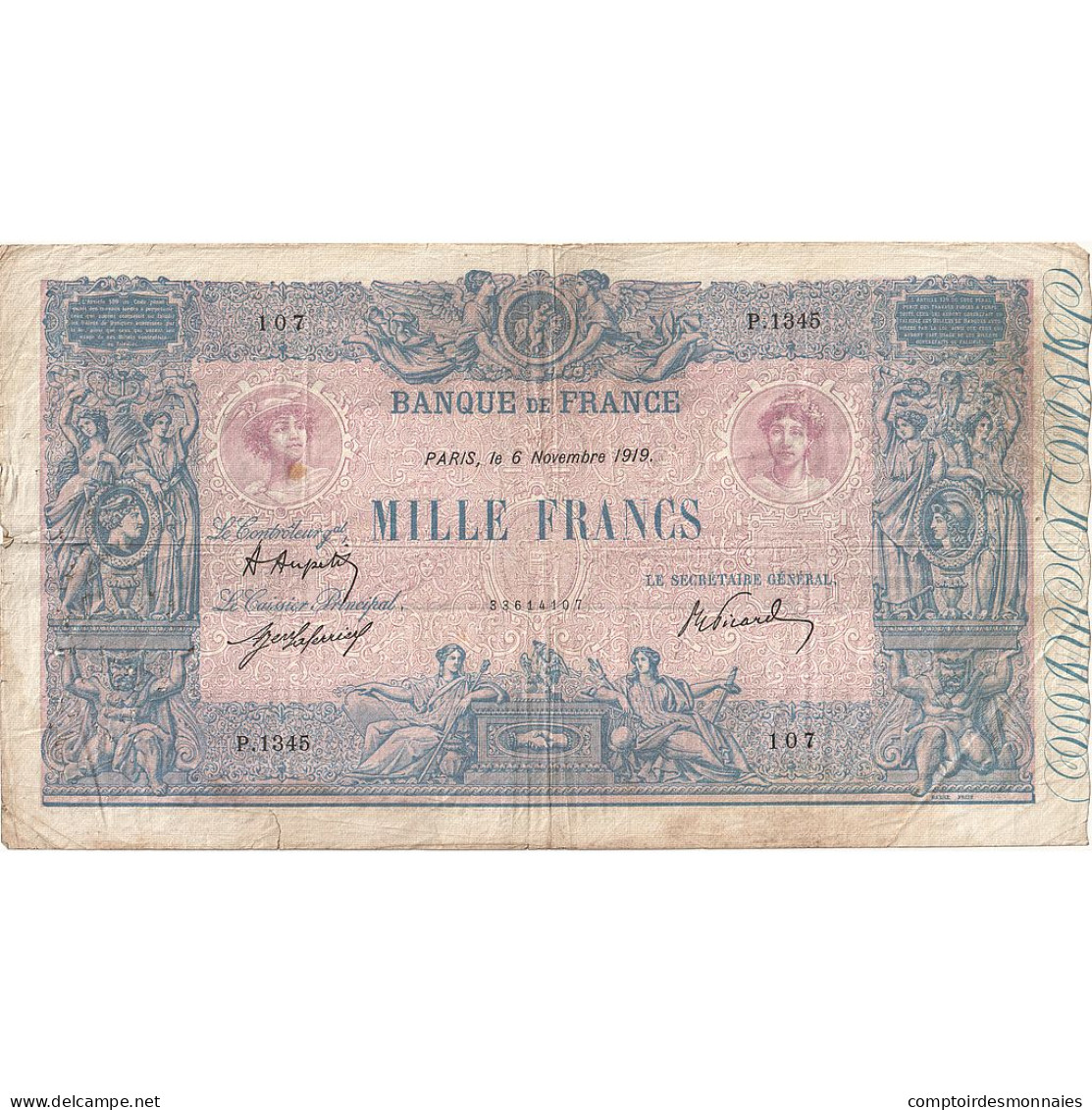 France, 1000 Francs, Bleu Et Rose, 1919, P.1345, B+, Fayette:36.34, KM:67h - 1 000 F 1889-1926 ''Bleu Et Rose''