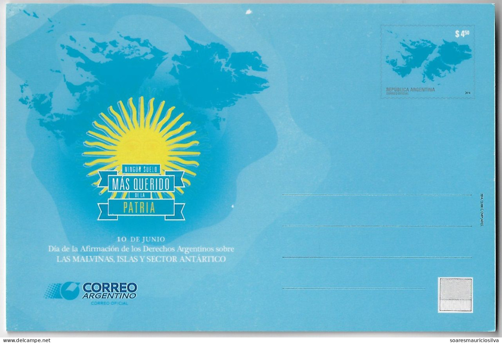Argentina 2014 Postal Stationery Card Stamp 4,50 Pesos Malvinas Falkland Islands Unused Minimum Frontal Aminci - Entiers Postaux