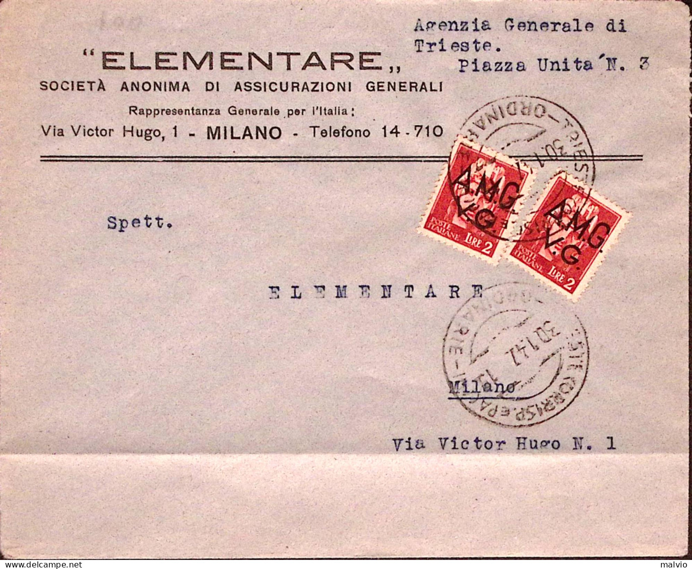 1947 A.M.G.V.G. IMPERIALE Soprast Due Lire 2 Su Busta Trieste (30.1) - Poststempel