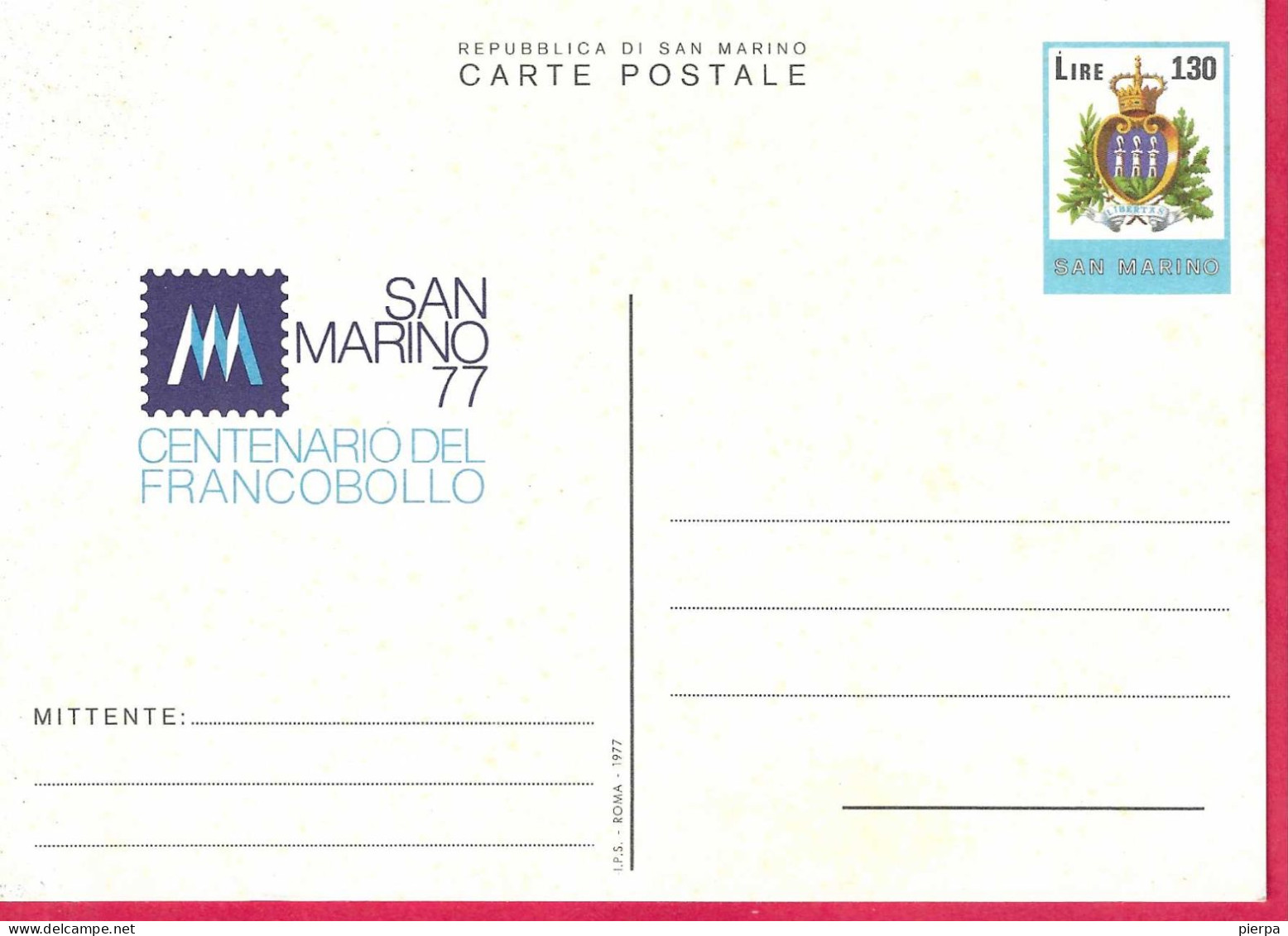 SAN MARINO - INTERO CARTOLINA POSTALE CENTENARIO FRANCOBOLLO LIRE 130 (INT. 38) - NUOVA - Postwaardestukken