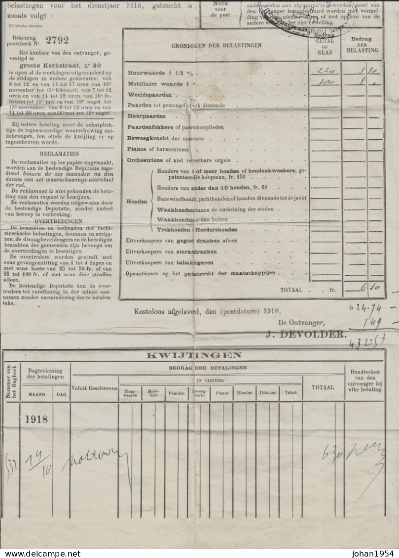 Document (belastingen), Afst. MAASEIK (BELGIEN) 27/07/1918 - Autres & Non Classés