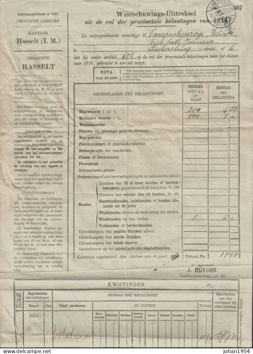 Document (belastingen), Afst. HASSELT (BELGIEN) 11/09/1917 - Other & Unclassified